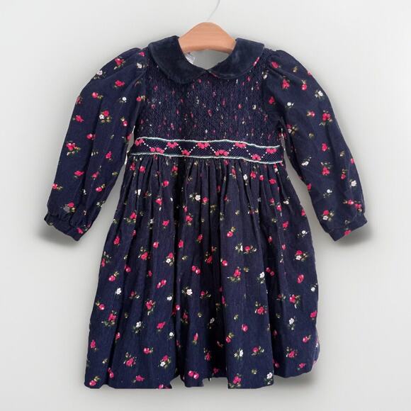 Vintage Sarah Louise England Baby Girl Sz 2T Cotton Blue Corduroy Smocked Dress